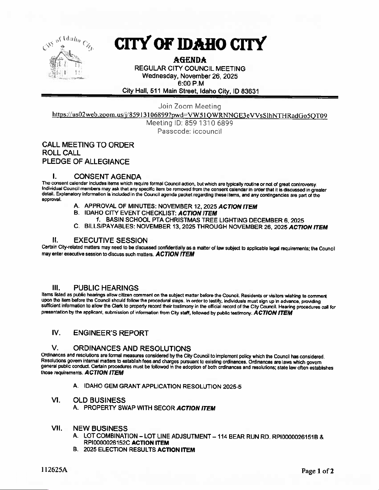 CITY OF IDAHO CITY REGULAR CITY COUNCIL MEETING AGENDA