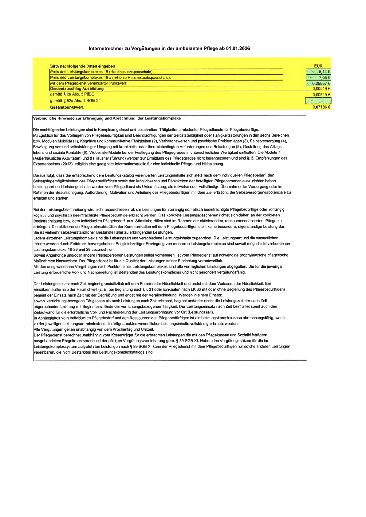 Internetrechner zu Vergütungen in der ambulanten Pflege ab 01.01.2026