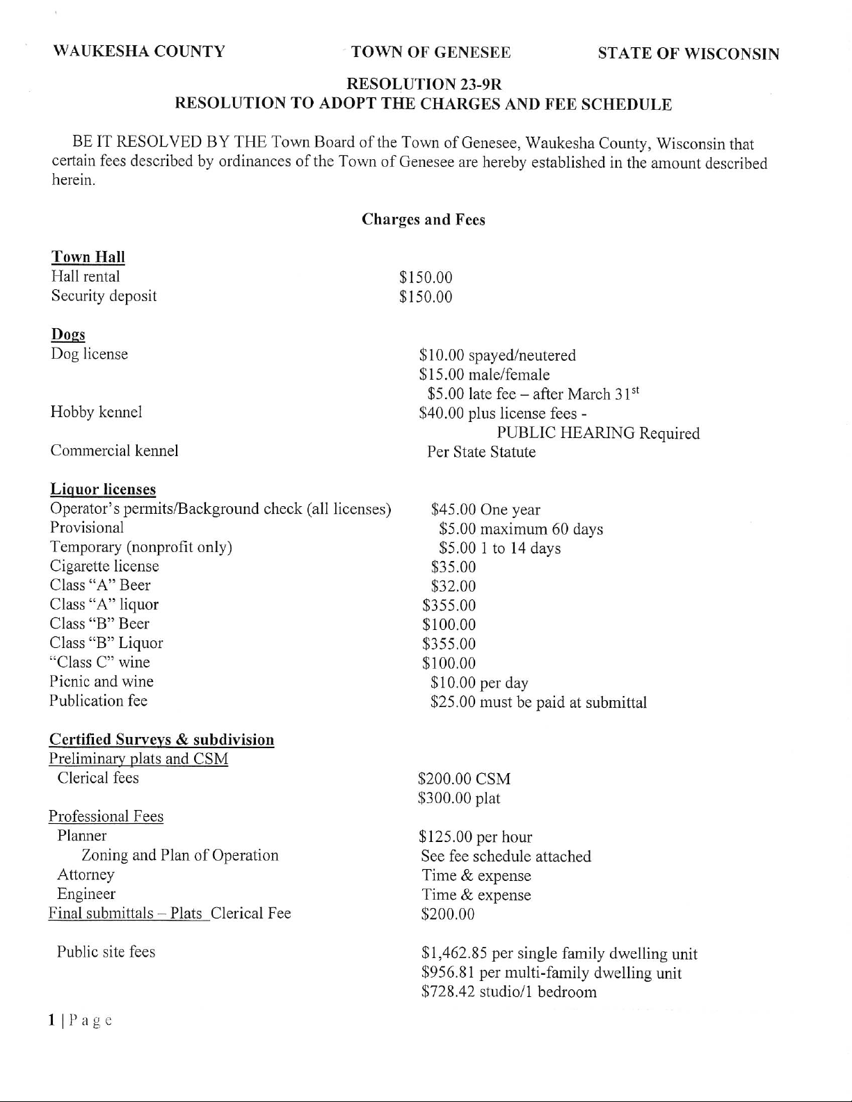 RESOLUTION TO ADOPT THE CHARGES AND FEE SCHEDULE