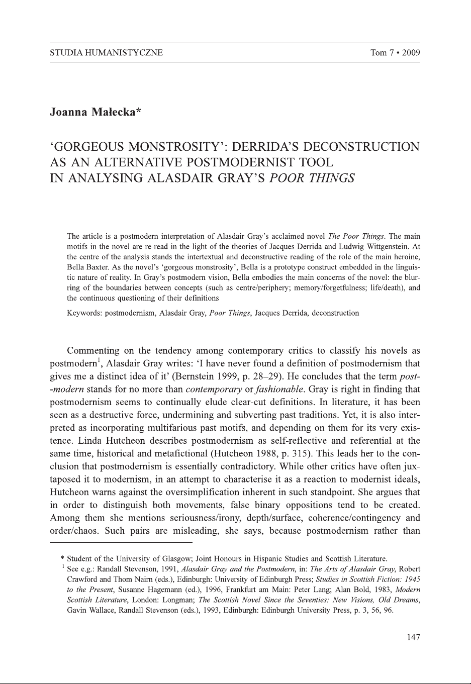 ‘GORGEOUS MONSTROSITY’: DERRIDA’S DECONSTRUCTION AS AN ALTERNATIVE POSTMODERNIST TOOL IN ANALYSING ALASDAIR GRAY’S POOR THINGS