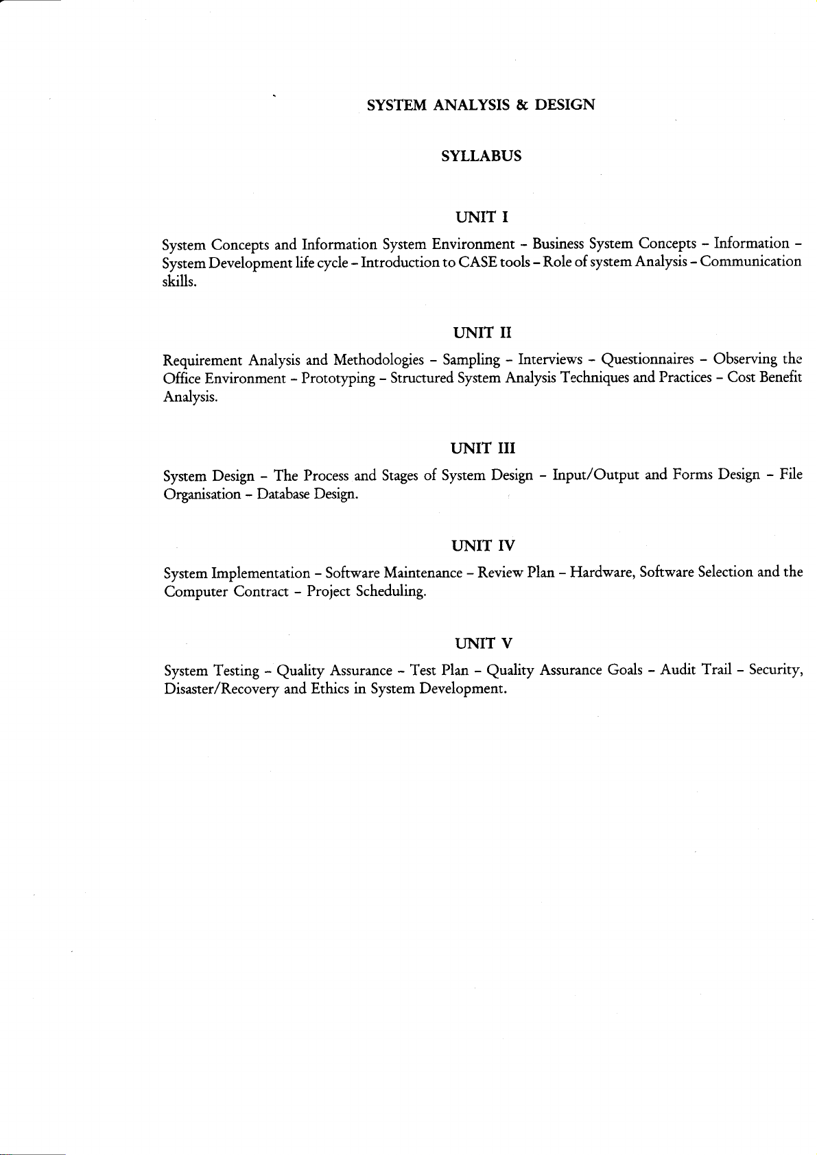 SYSTEM ANALYSIS & DESIGN SYLLABUS