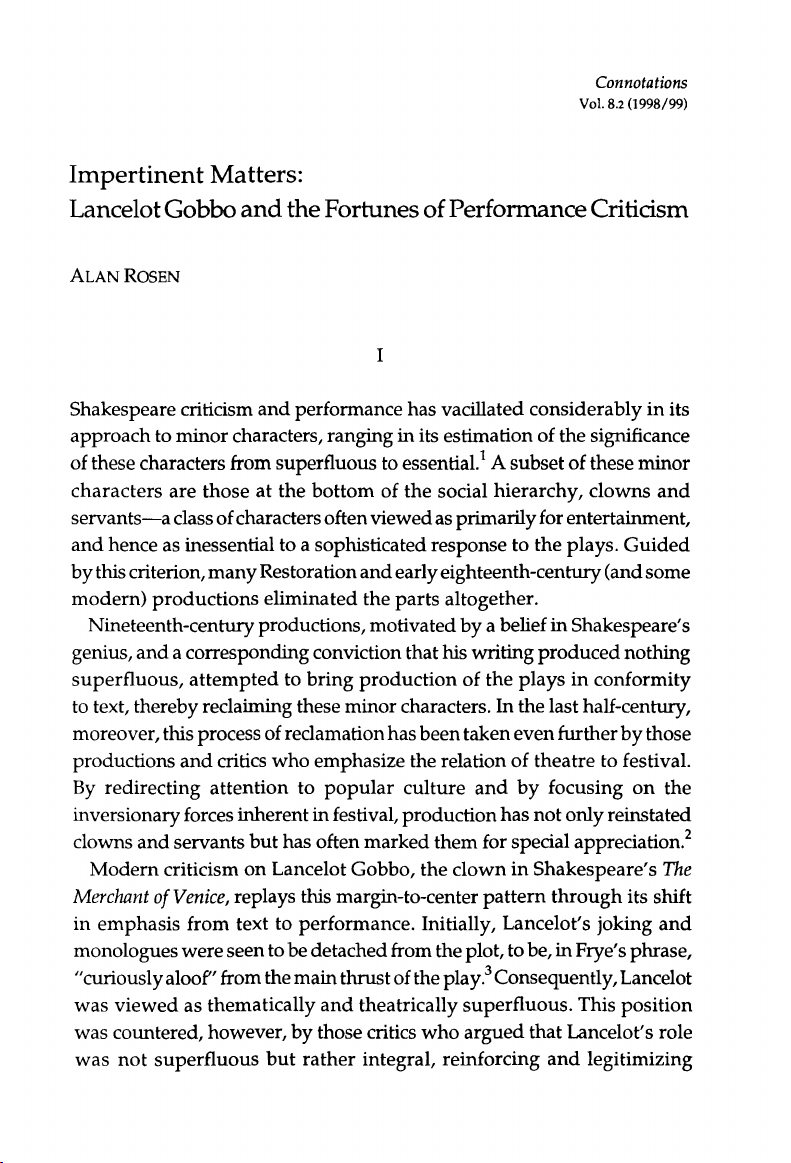 Impertinent Matters: Lancelot Gobbo and the Fortunes of Performance Criticism