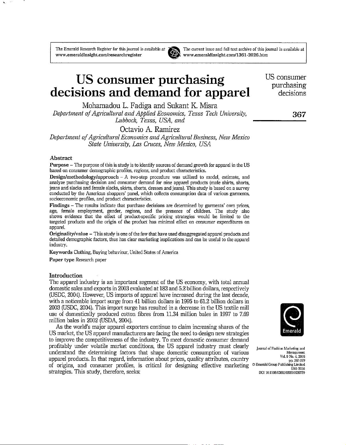 US consumer purchasing decisions and demand for apparel