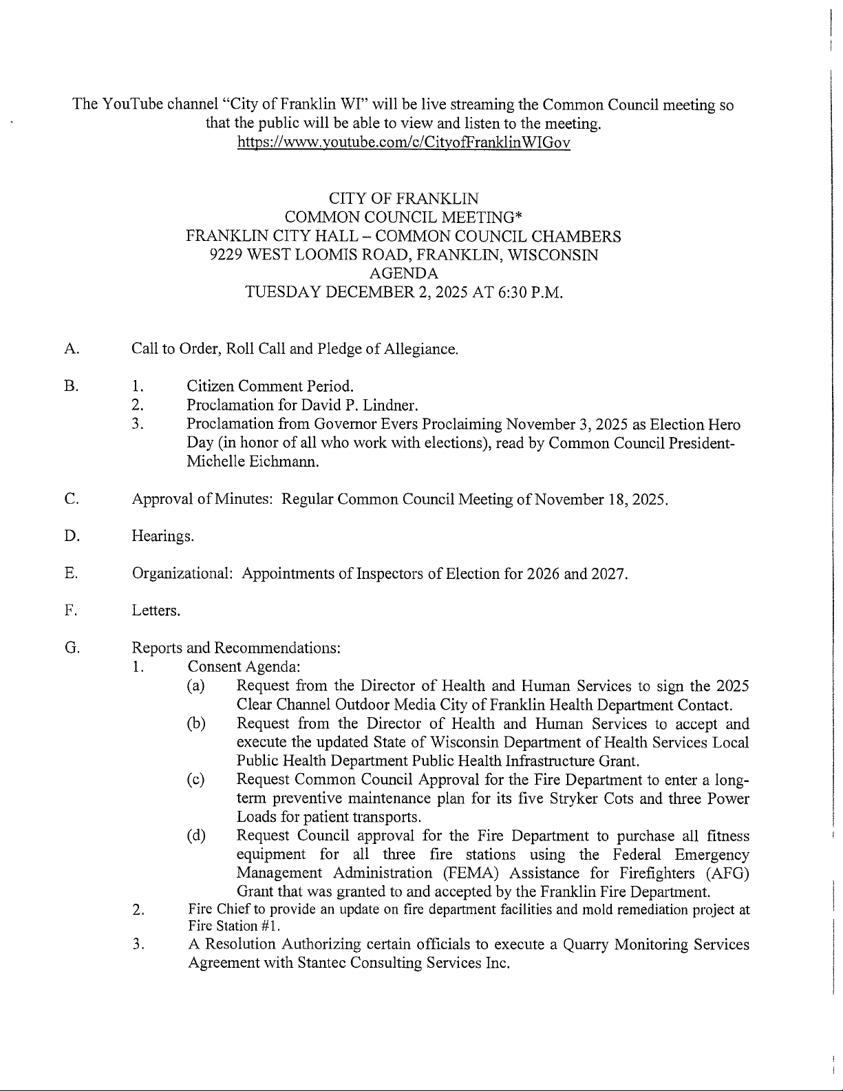 Common Council Meeting Agenda