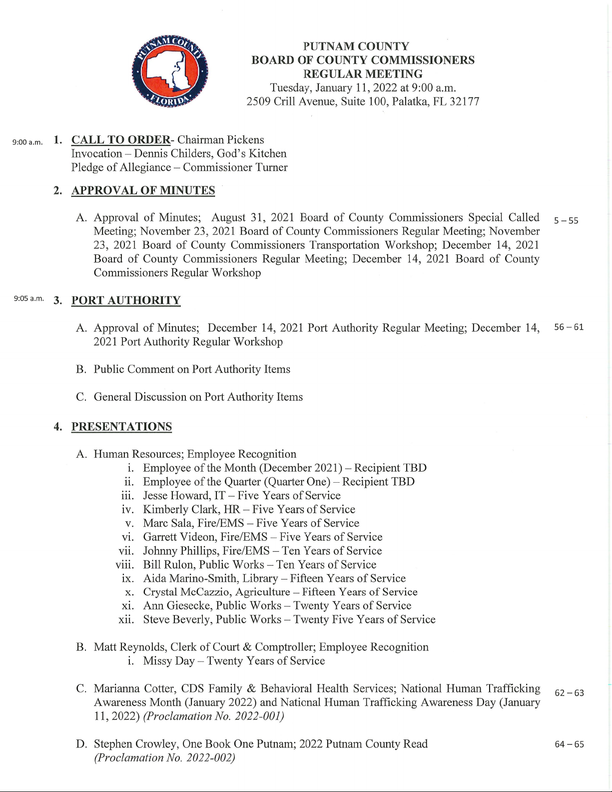 PUTNAM COUNTY BOARD OF COUNTY COMMISSIONERS REGULAR MEETING