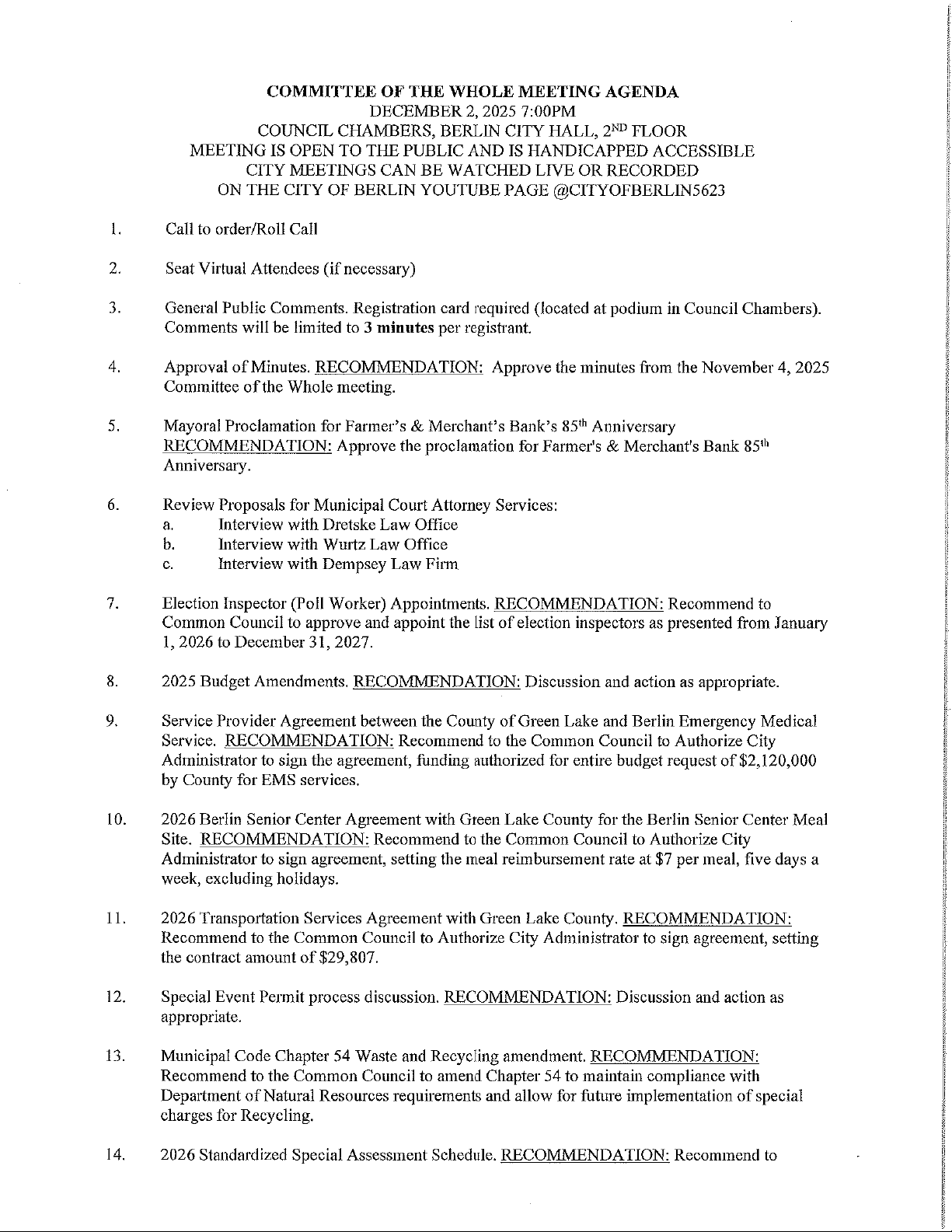COMMITTEE OF THE WHOLE MEETING AGENDA