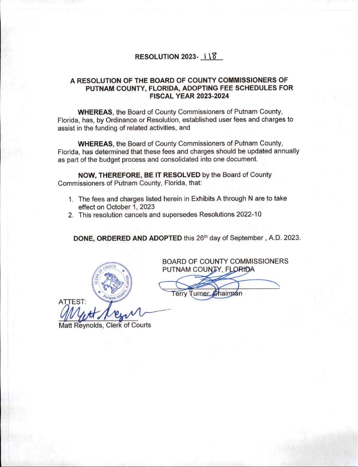 A RESOLUTION OF THE BOARD OF COUNTY COMMISSIONERS OF PUTNAM COUNTY, FLORIDA, ADOPTING FEE SCHEDULES FOR FISCAL YEAR 2023-2024