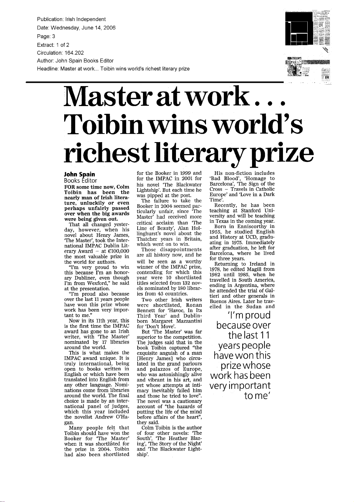 Master at work... Toibin wins world's richest literary prize