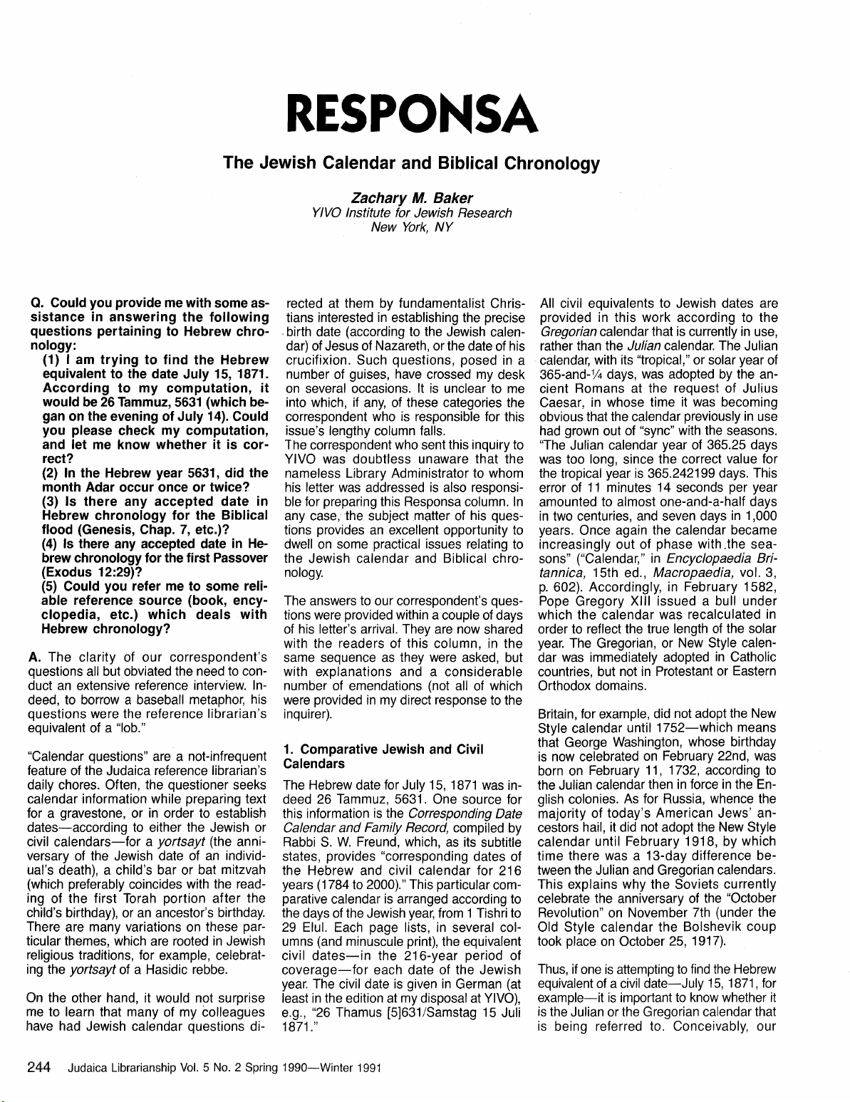 The Jewish Calendar and Biblical Chronology