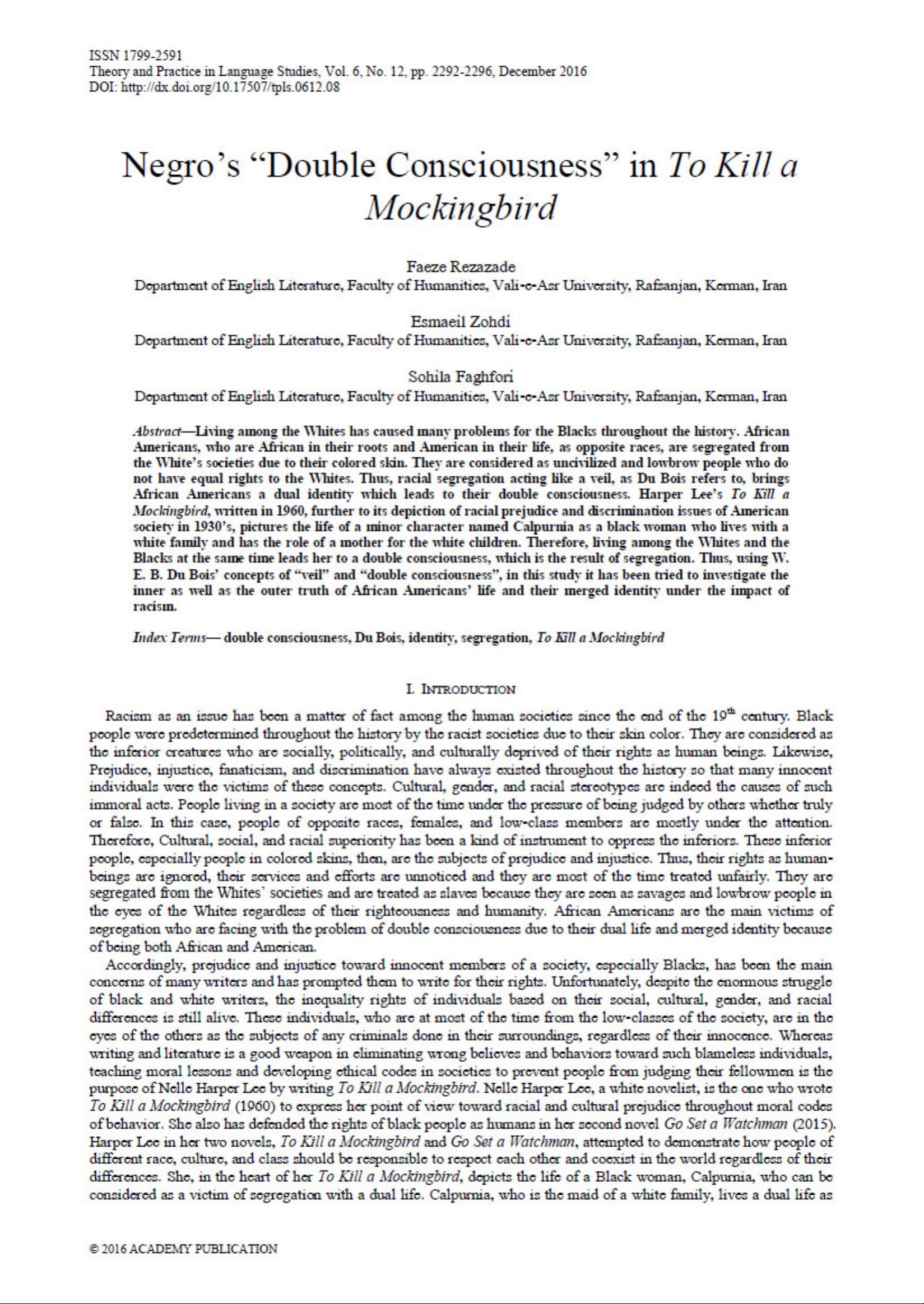 Negro's "Double Consciousness" in To Kill a Mockingbird