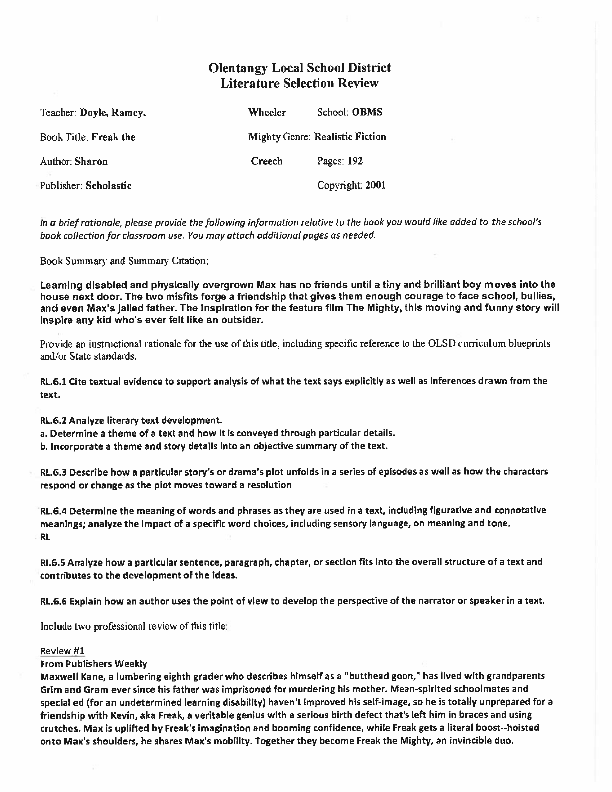Oleantangy Local School District Literature Selection Review