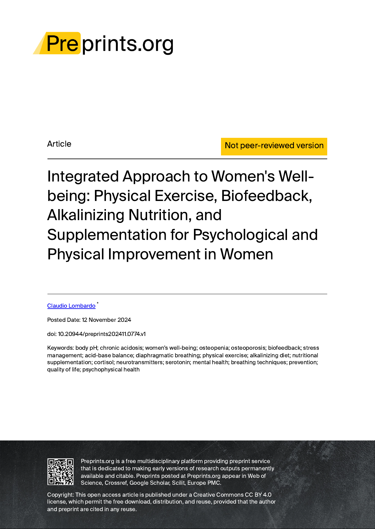 Integrated Approach to Women's Well-being: Physical Exercise, Biofeedback, Alkalining Nutrition, and Supplementation for Psychological and Physical Improvement in Women
