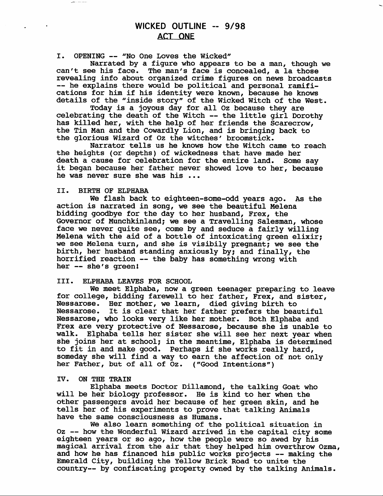 WICKED OUTLINE -- 9/98 ACT ONE