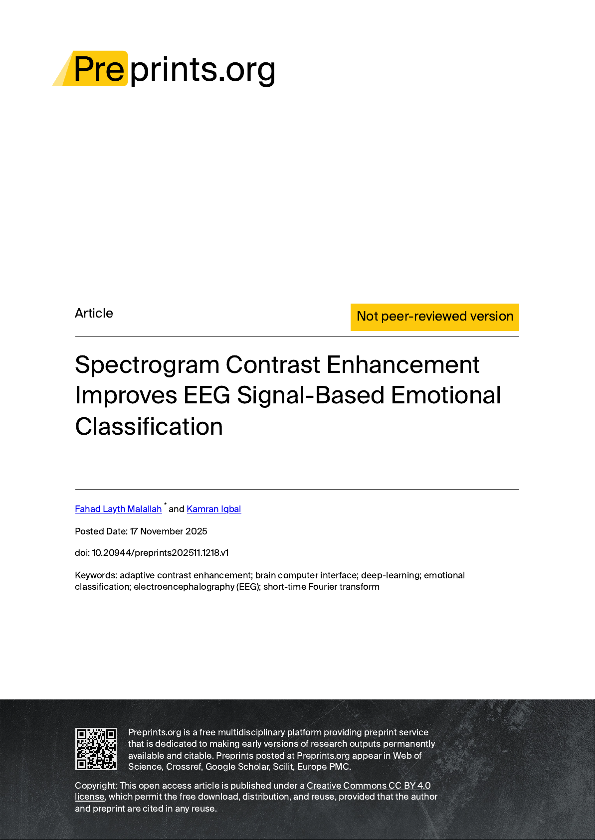 Spectrogram Contrast Enhancement Improves EEG Signal-Based Emotional Classification