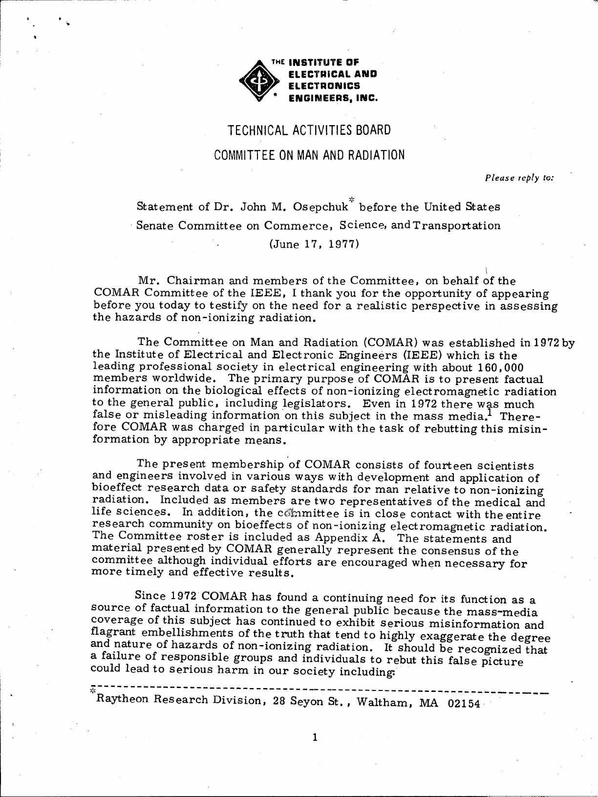 Statement of Dr. John M. Osepchuk* before the United States Senate Committee on Commerce, Science, and Transportation (June 17, 1977)