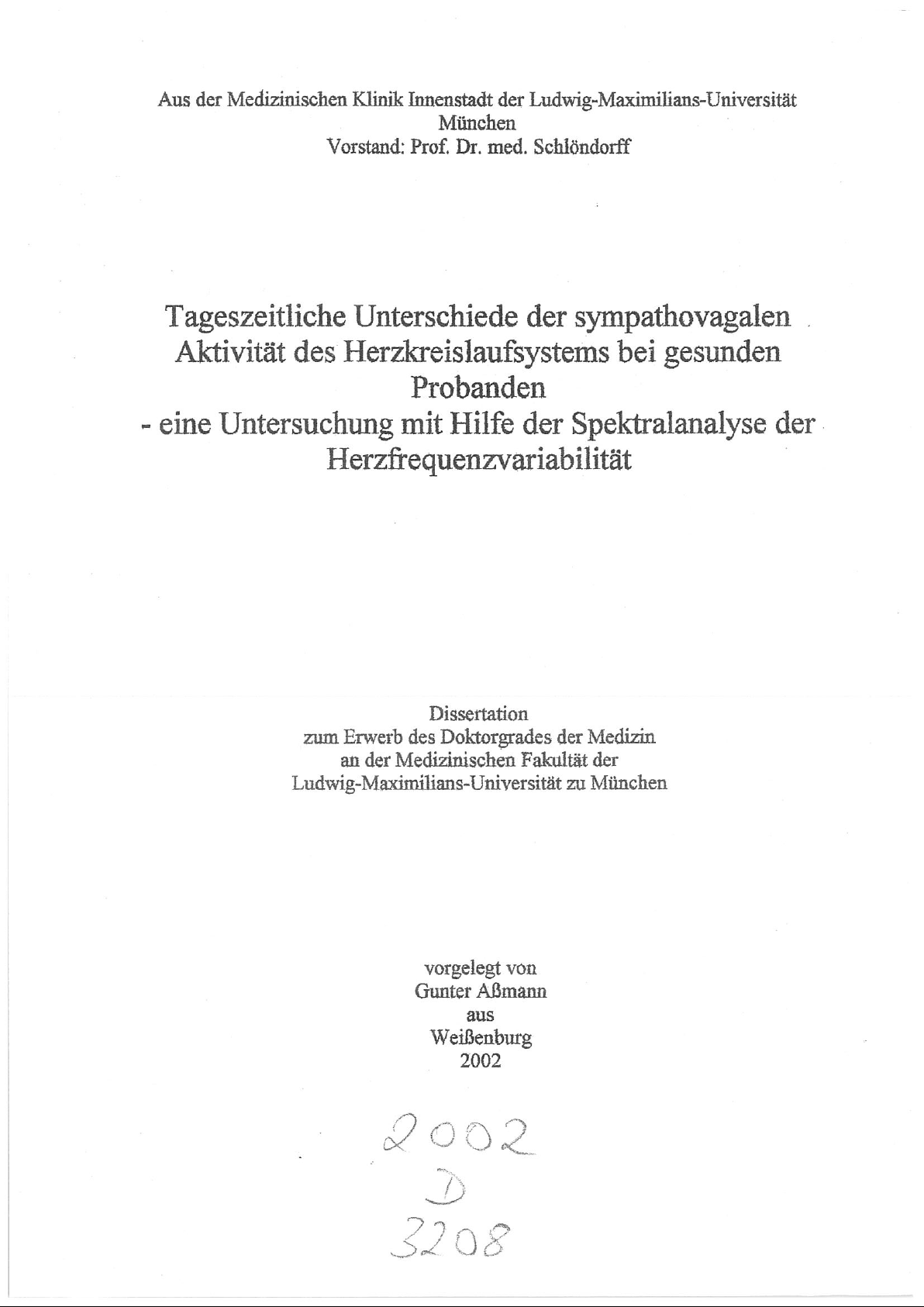 Tageszeitliche Unterschiede der sympathovagalen Aktivität des Herzkreislaufsystems bei gesunden Probanden - eine Untersuchung mit Hilfe der Spektralanalyse der Herzfrequenzvariabilität