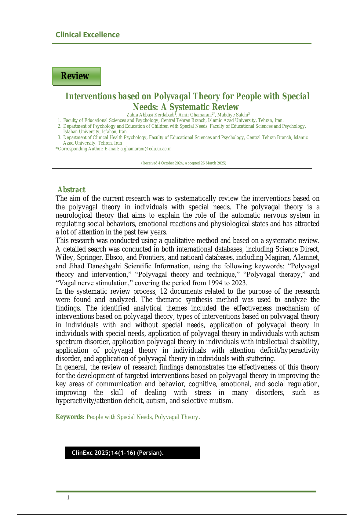 Interventions based on Polyvagal Theory for People with Special Needs: A Systematic Review
