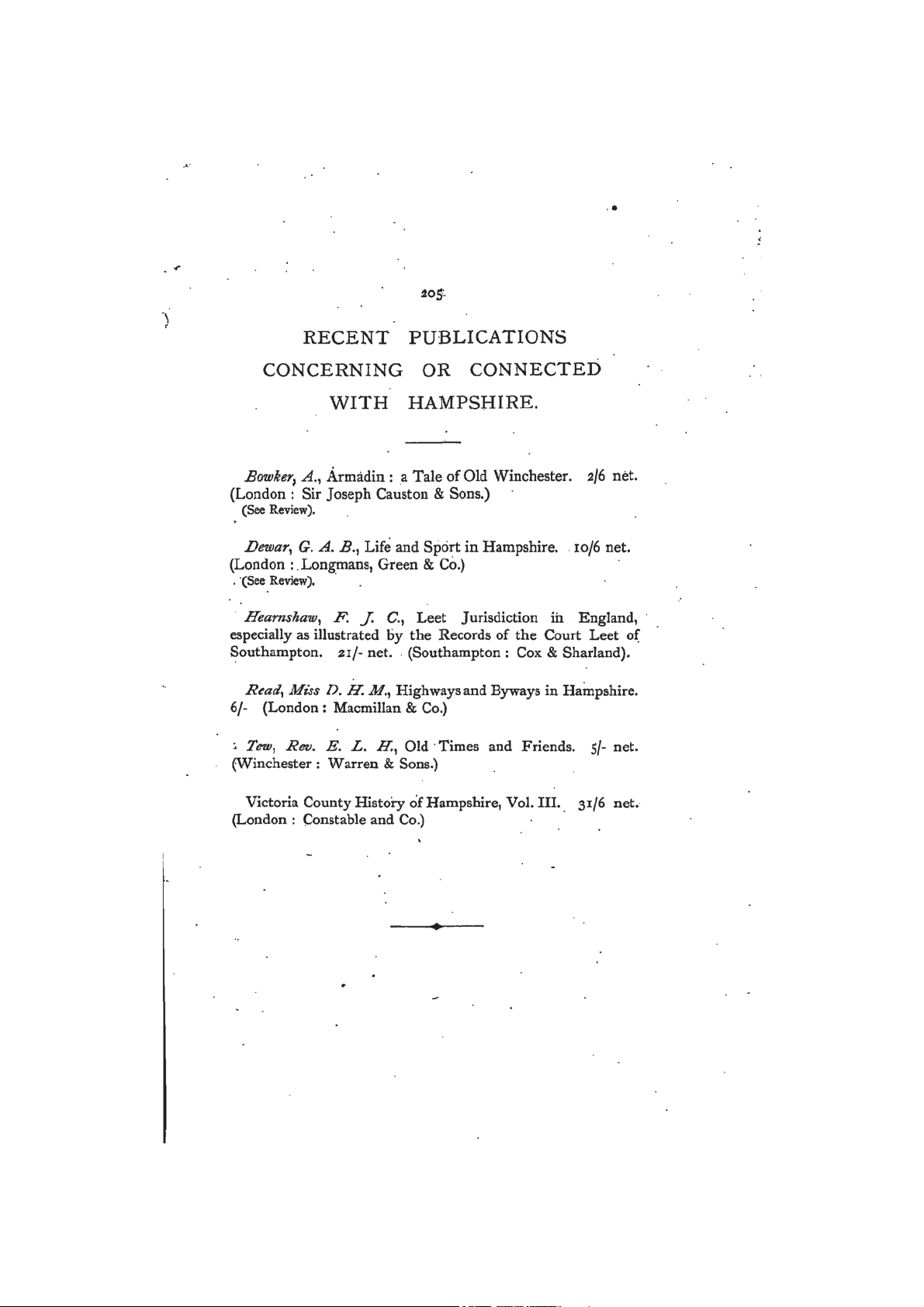 RECENT PUBLICATIONS CONCERNING OR CONNECTED WITH HAMPSHIRE.