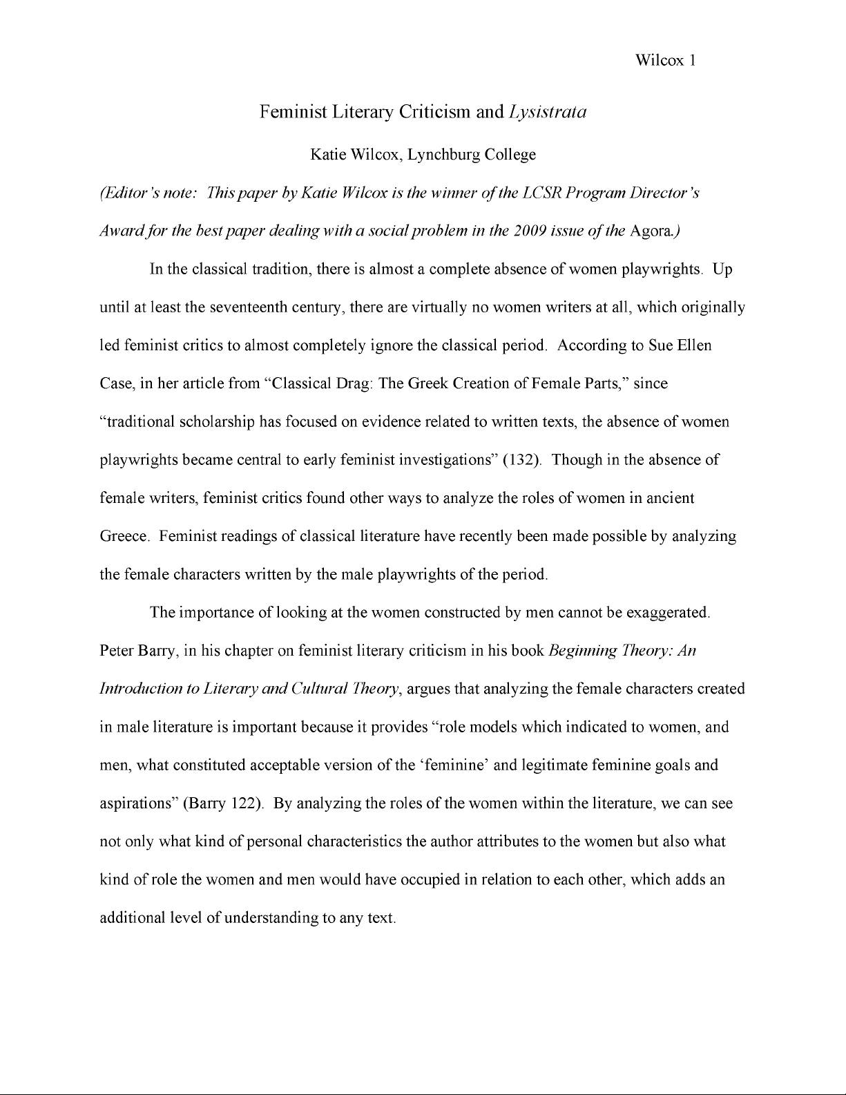 Feminist Literary Criticism and Lysistrata