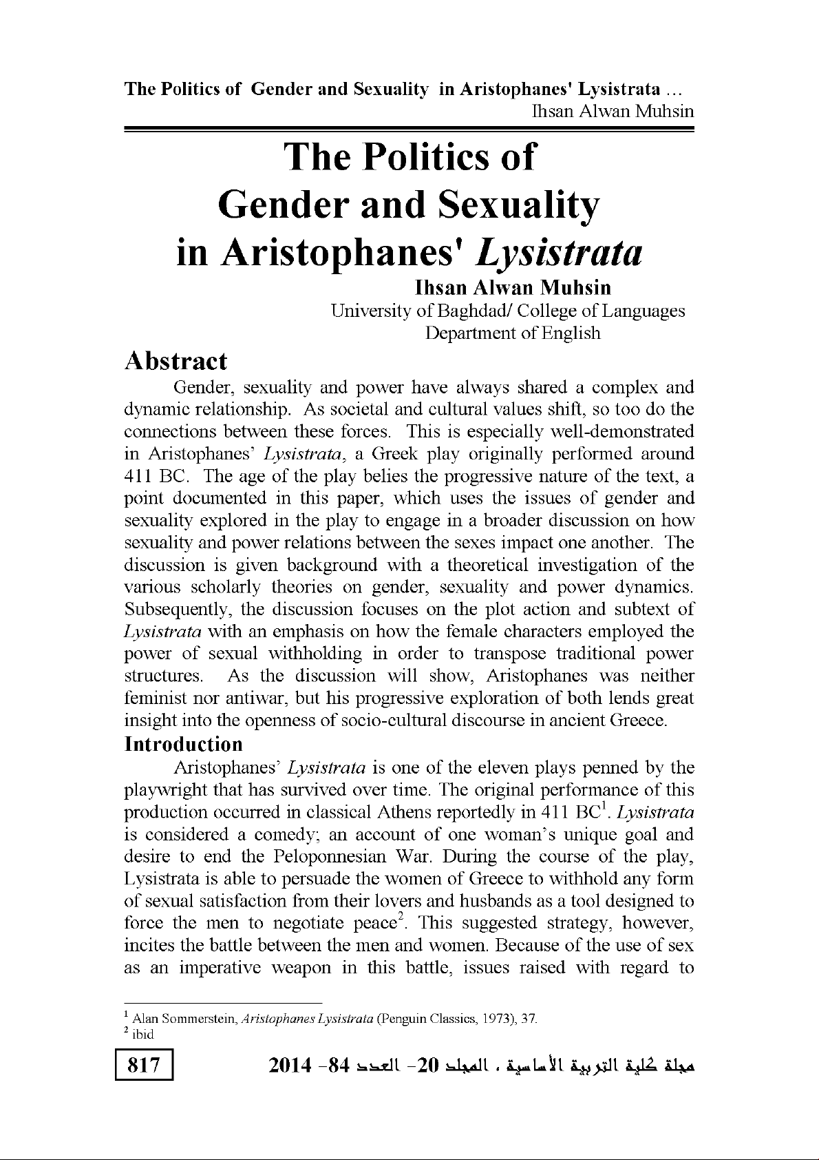 The Politics of Gender and Sexuality in Aristophanes' Lysistrata