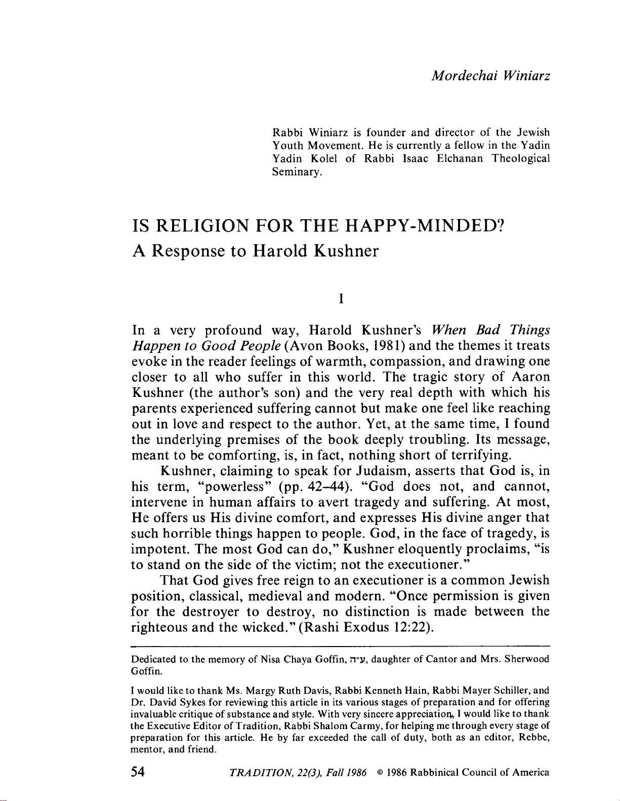 IS RELIGION FOR THE HAPPY-MINDED? A Response to Harold Kushner