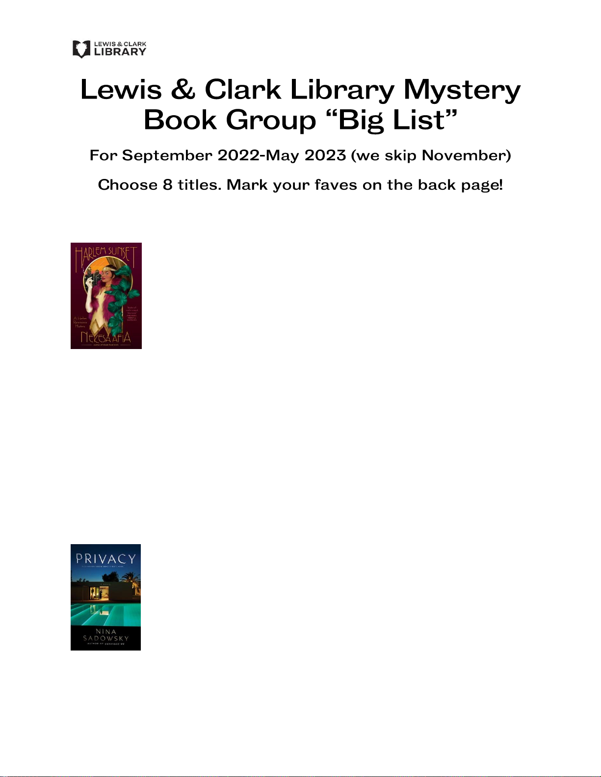 Lewis & Clark Library Mystery Book Group "Big List"