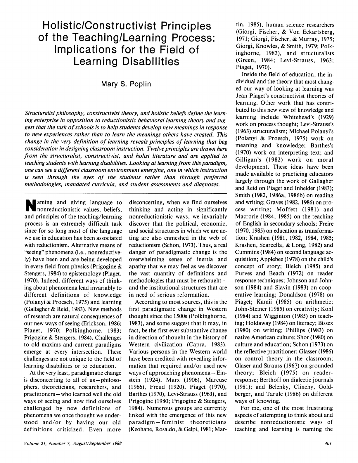 Holistic/constructivist Principles of the Teaching/Learning Process