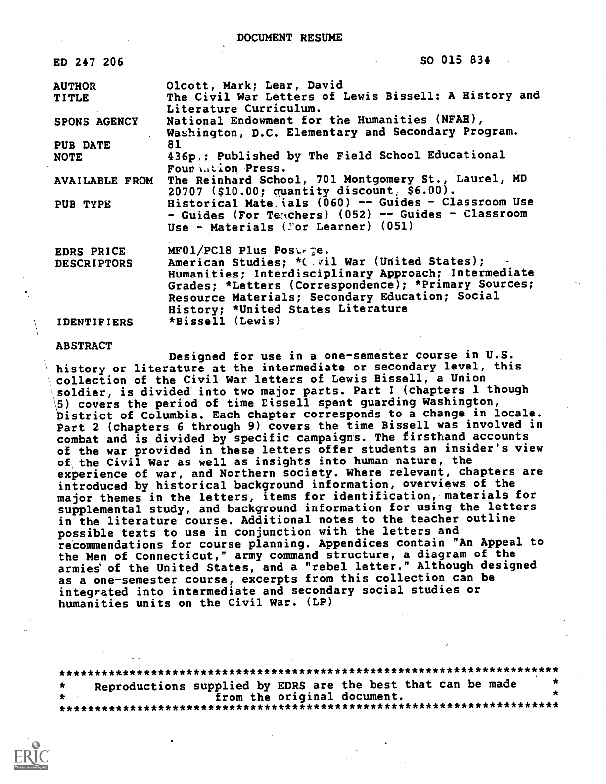 The Civil War Letters of Lewis Bissell: A History and Literature Curriculum.