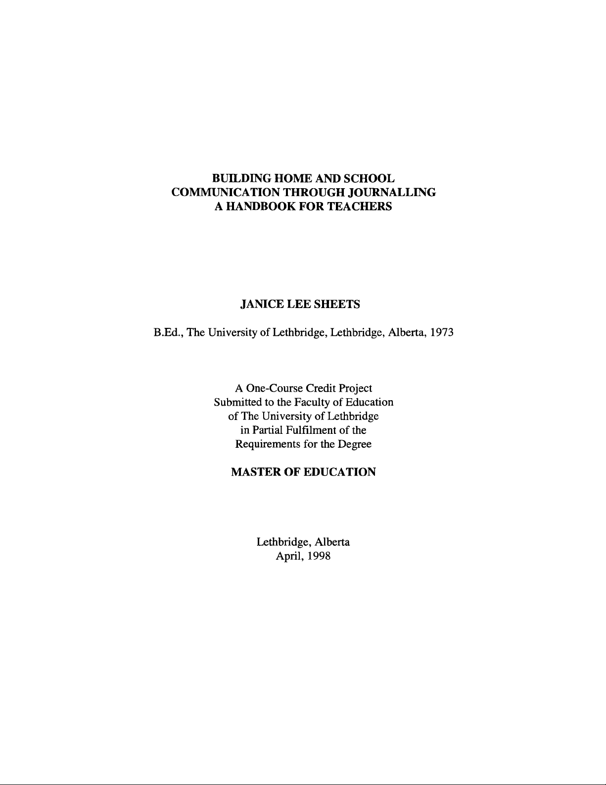 Building home and school communication through journalling : a handbook for teachers