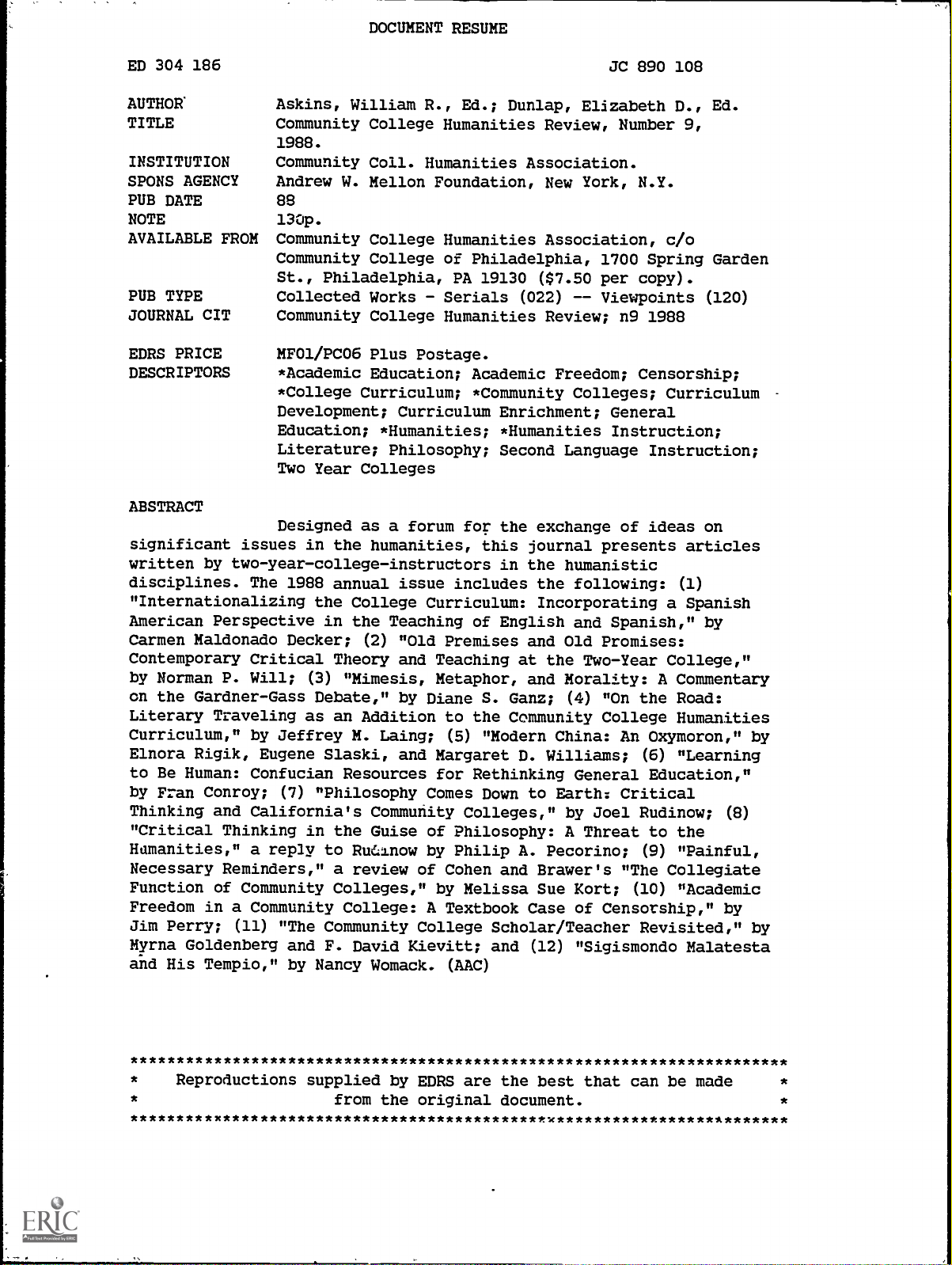 Community College Humanities Review, Number 9, 1988
