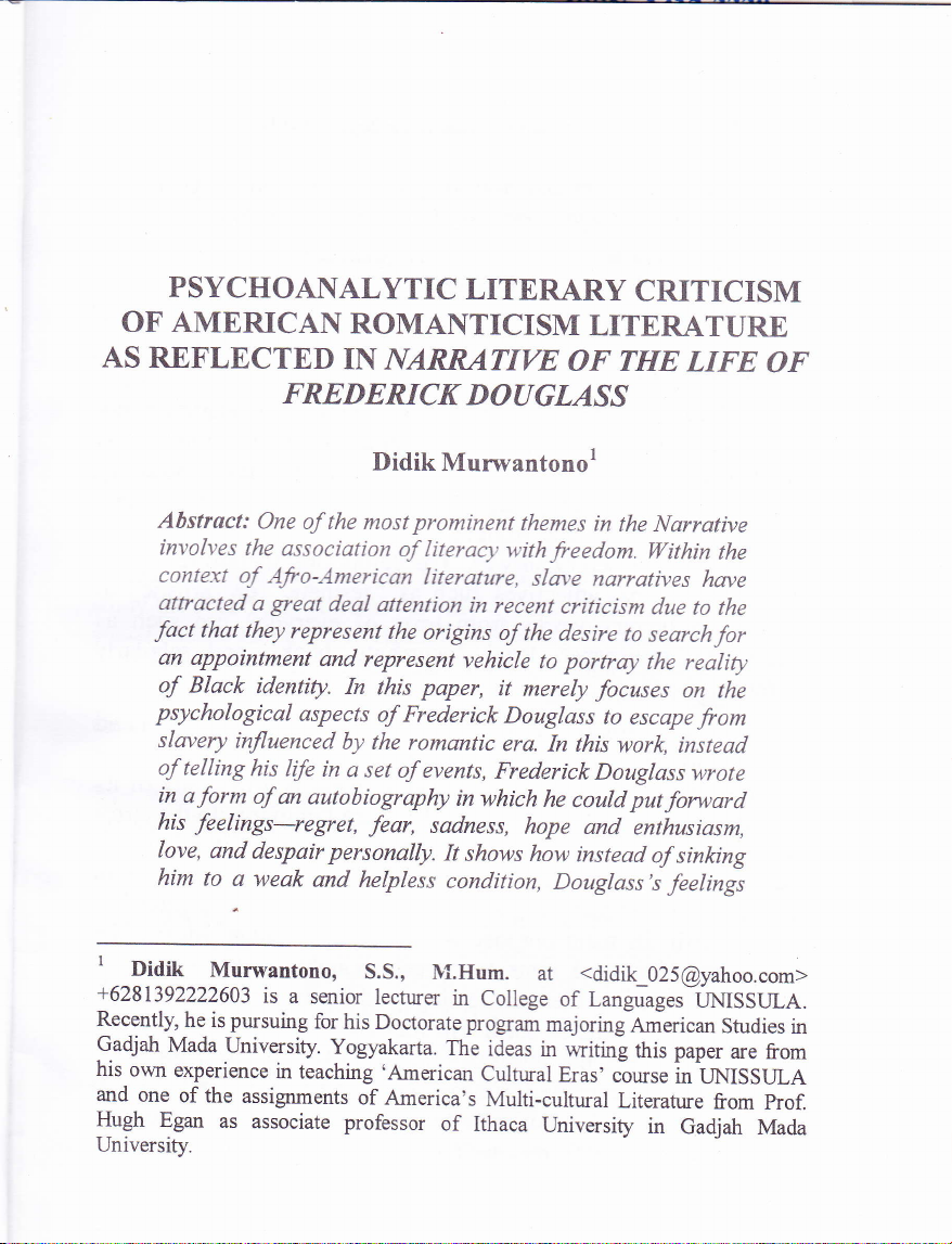 PSYCHOANALYTIC LITERARY CRITICISM OF AMERICAN ROMANTICISM LITERATURE AS REFLECTED IN NARRATIVE OF THE LIFE OF FREDERICK DOUGLASS
