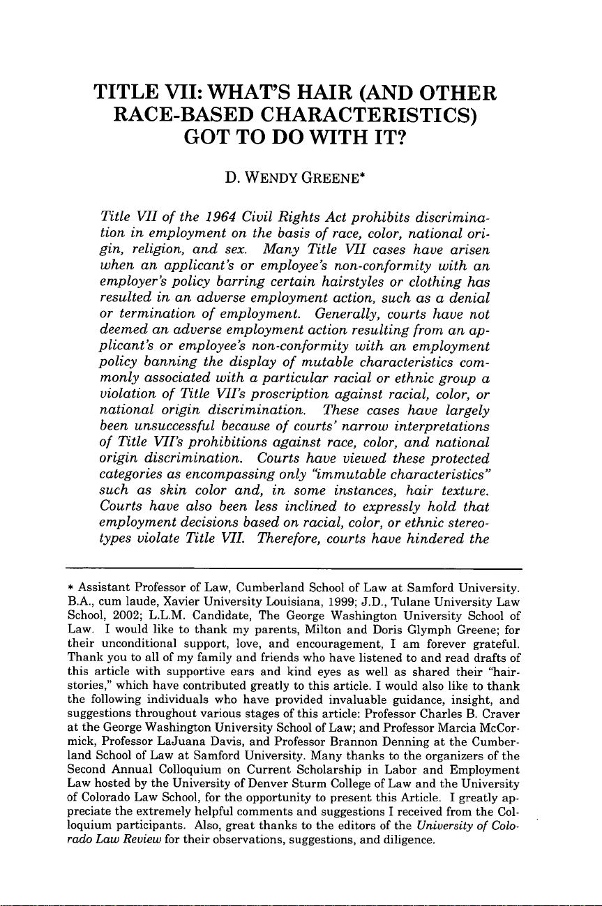 TITLE VII: WHAT'S HAIR (AND OTHER RACE-BASED CHARACTERISTICS) GOT TO DO WITH IT?