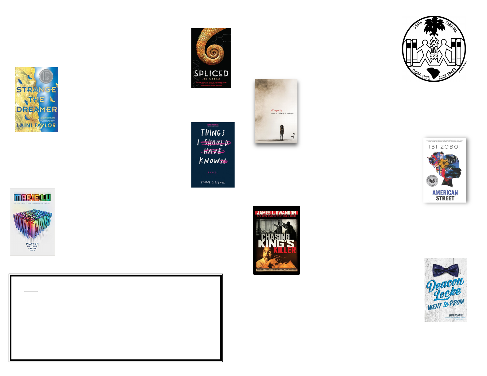 2019-2020 South Carolina Young Adult Book Award Nominees