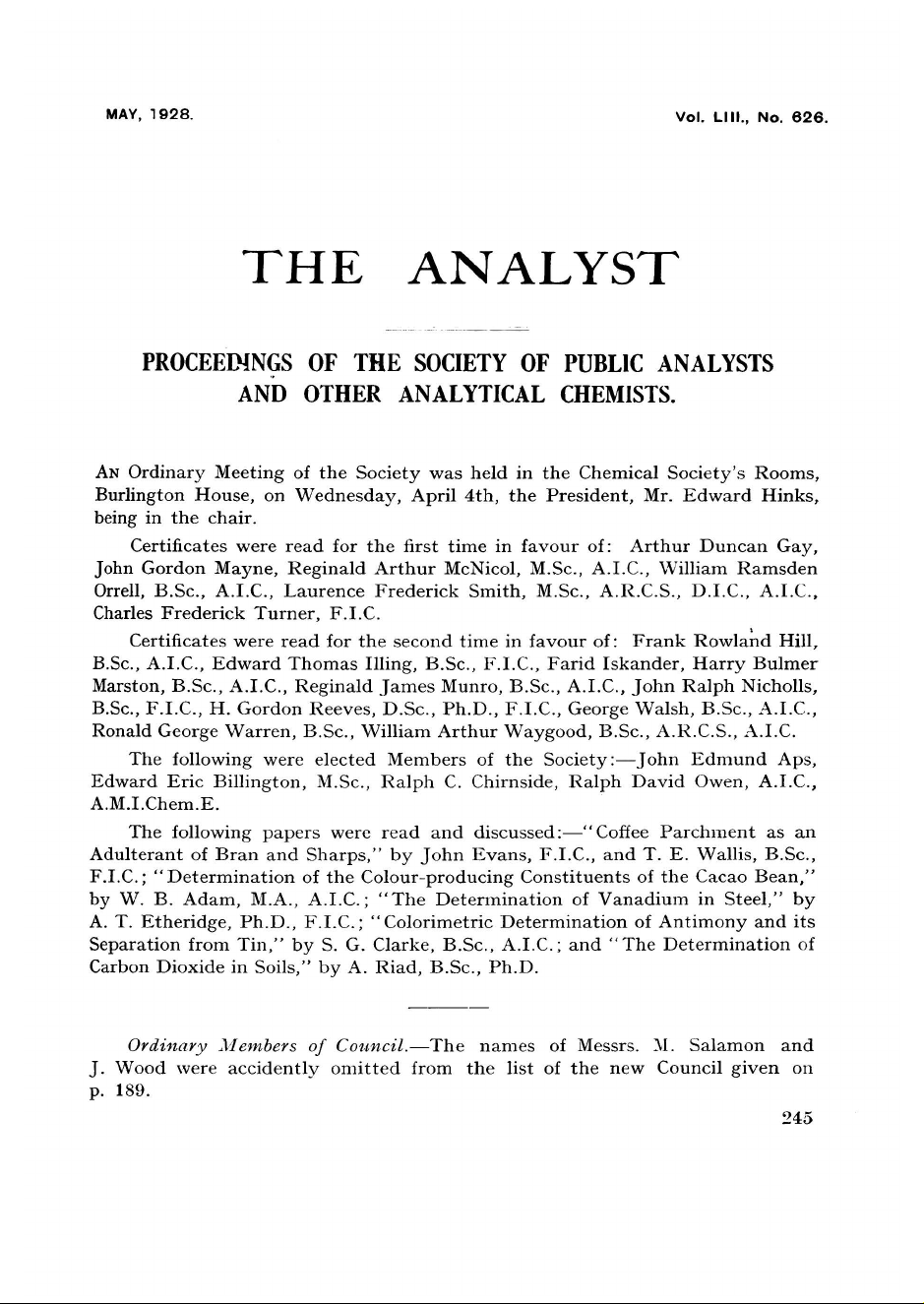 THE ANALYST PROCEEDINGS OF THE SOCIETY OF PUBLIC ANALYSTS AND OTHER ANALYTICAL CHEMISTS.
