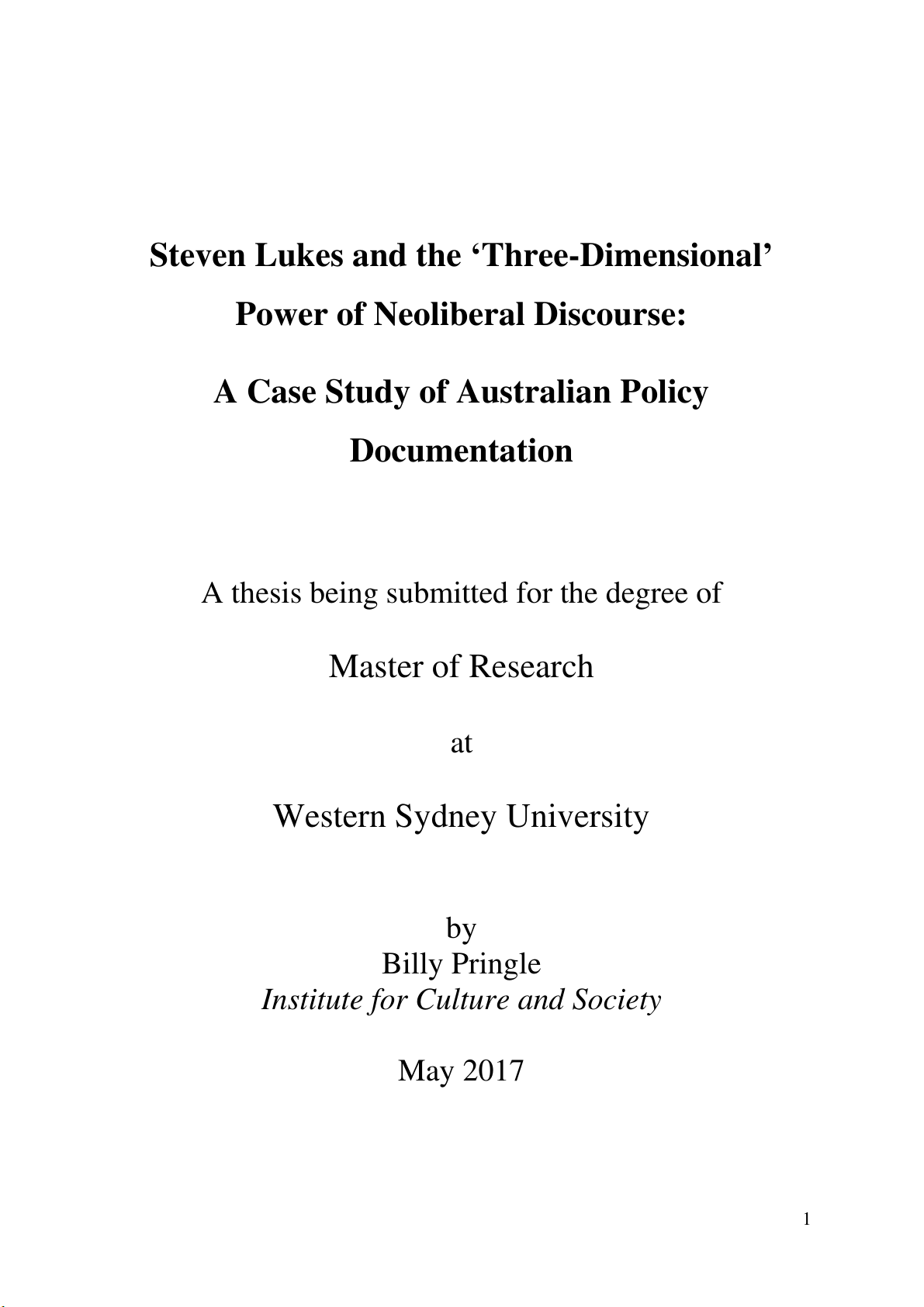 Steven Lukes and the 'three-dimensional' power of neoliberal discourse : a case study of Australian policy documentation