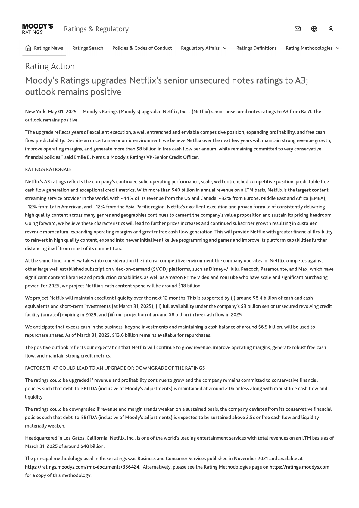 Moody's Ratings upgrades Netflix's senior unsecured notes ratings to A3; outlook remains positive