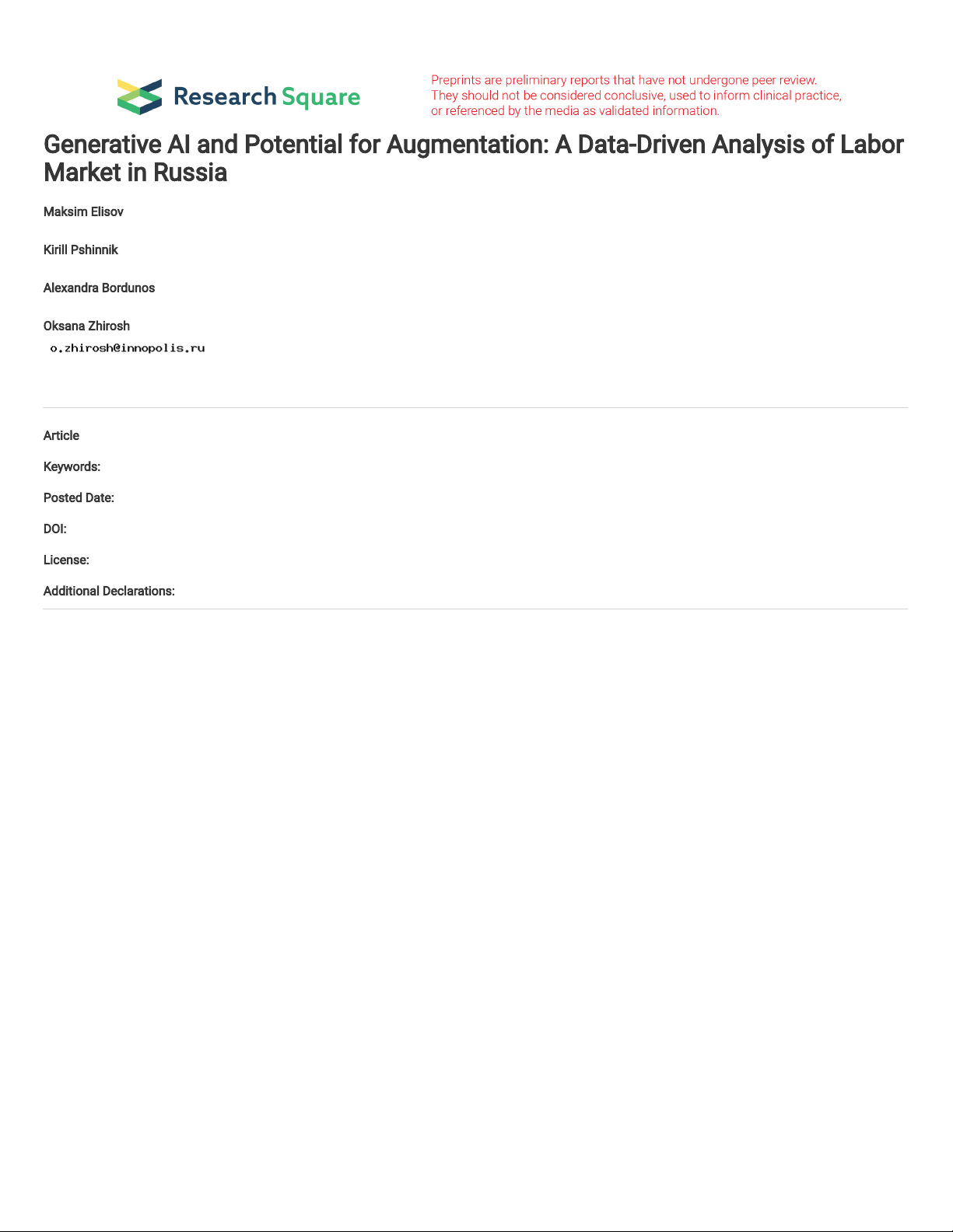 Generative AI and Potential for Augmentation: A Data-Driven Analysis of Labor Market in Russia