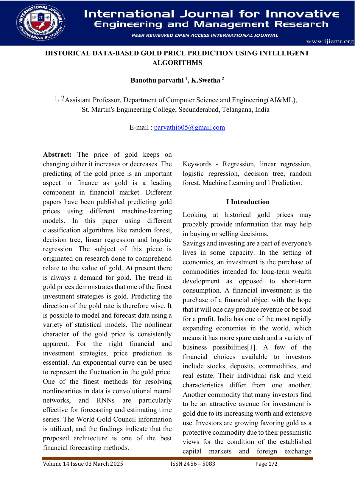 HISTORICAL DATA-BASED GOLD PRICE PREDICTION USING INTELLIGENT ALGORITHMS