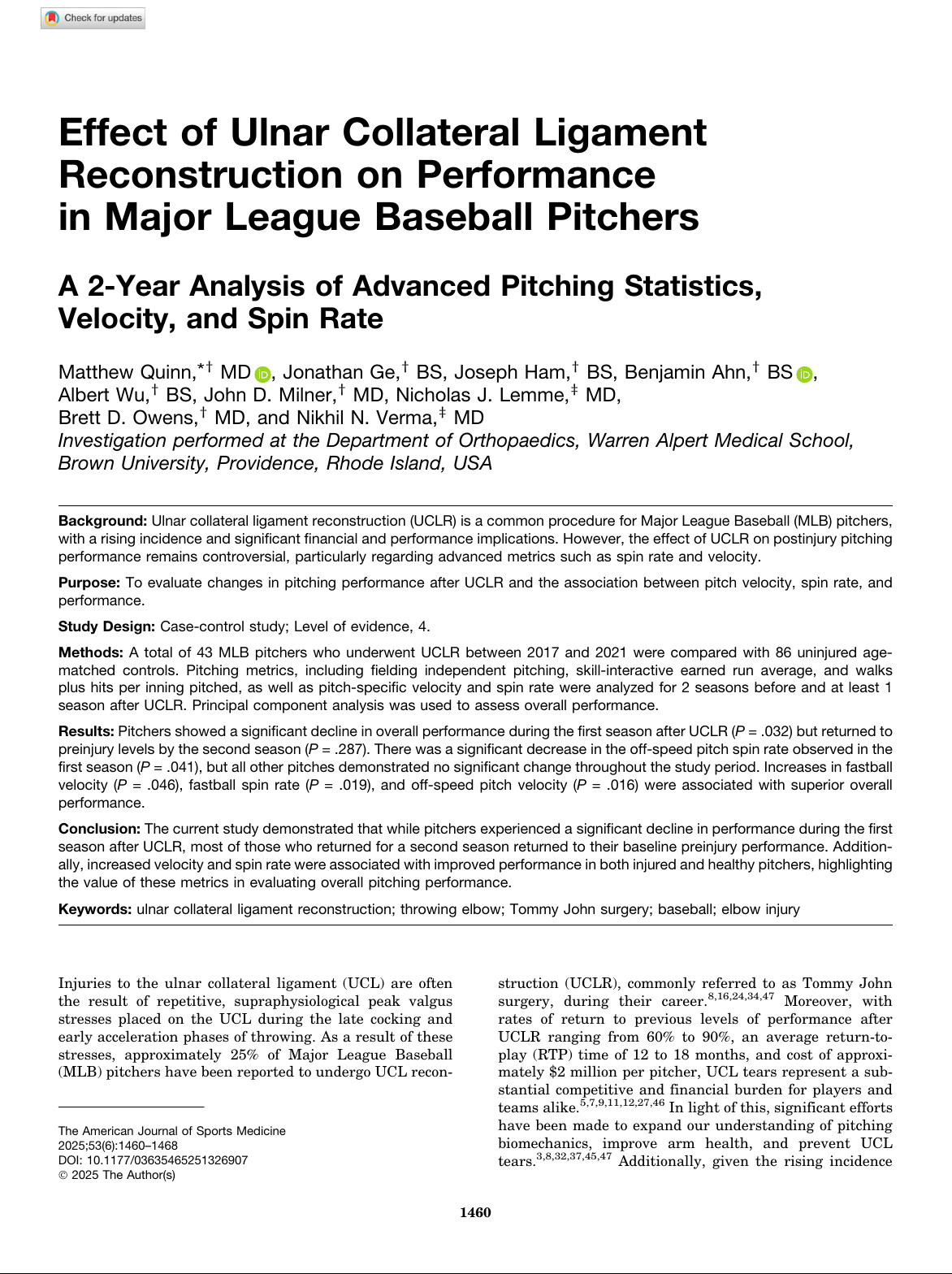 Effect of Ulnar Collateral Ligament Reconstruction on Performance in Major League Baseball Pitchers: A 2-Year Analysis of Advanced Pitching Statistics, Velocity, and Spin Rate