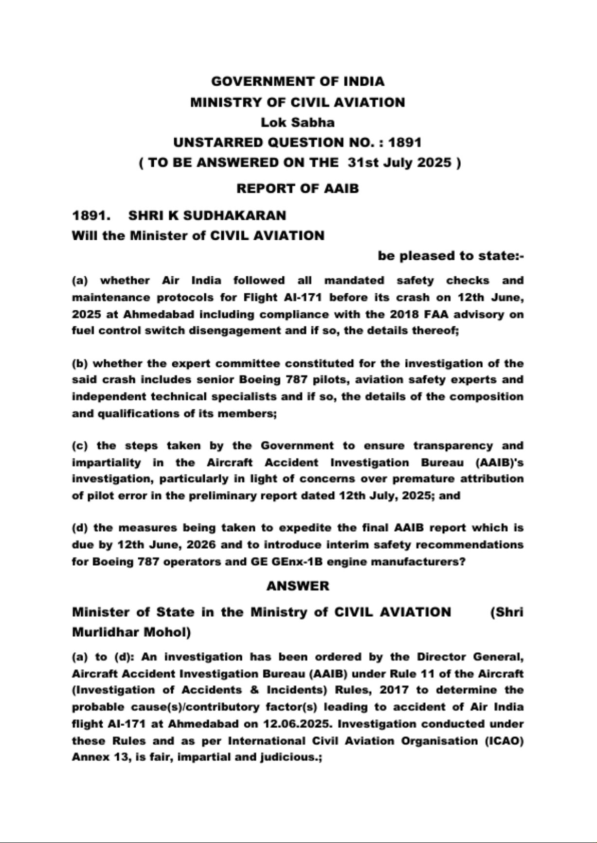 REPORT OF AAIB