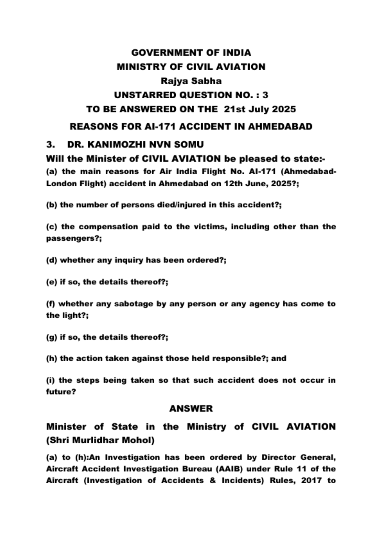 REASONS FOR AI-171 ACCIDENT IN AHMEDABAD