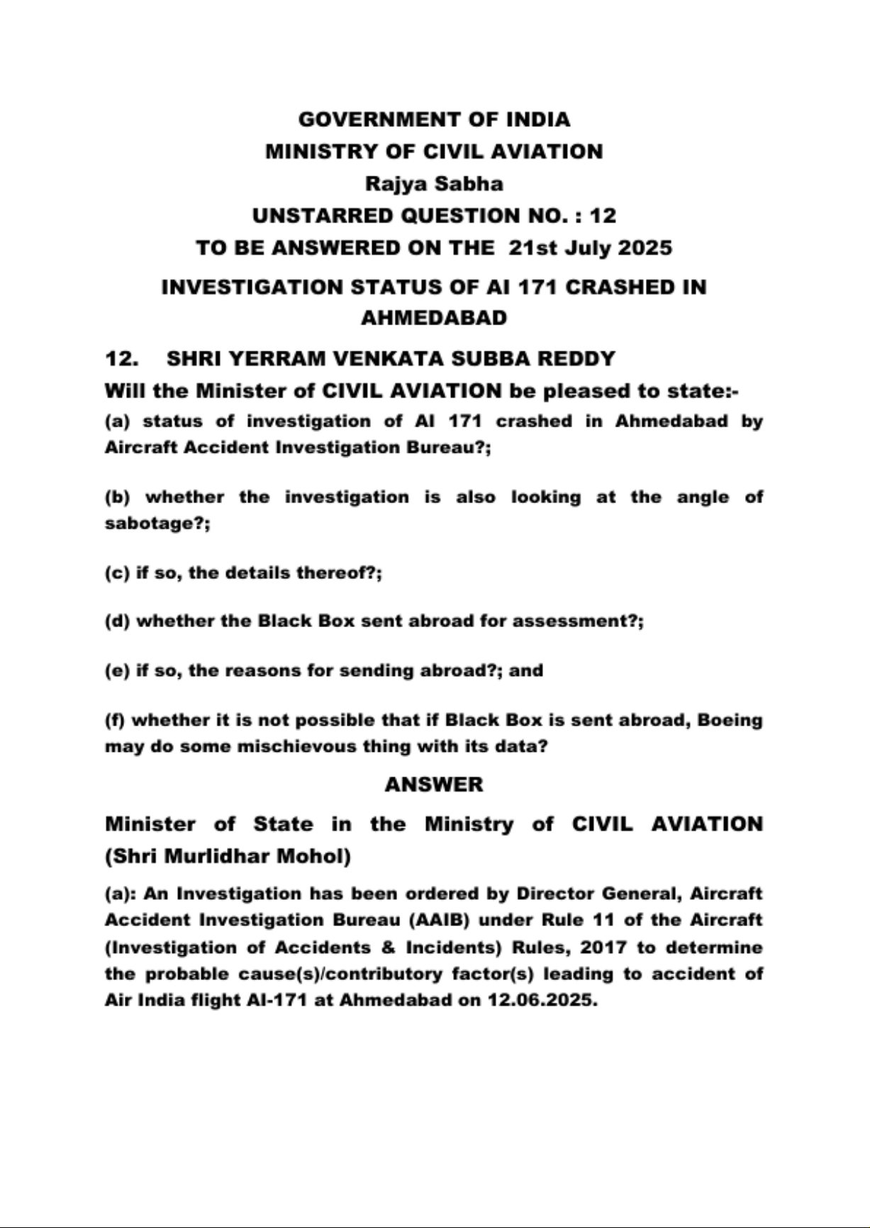 INVESTIGATION STATUS OF AI 171 CRASHED IN AHMEDABAD