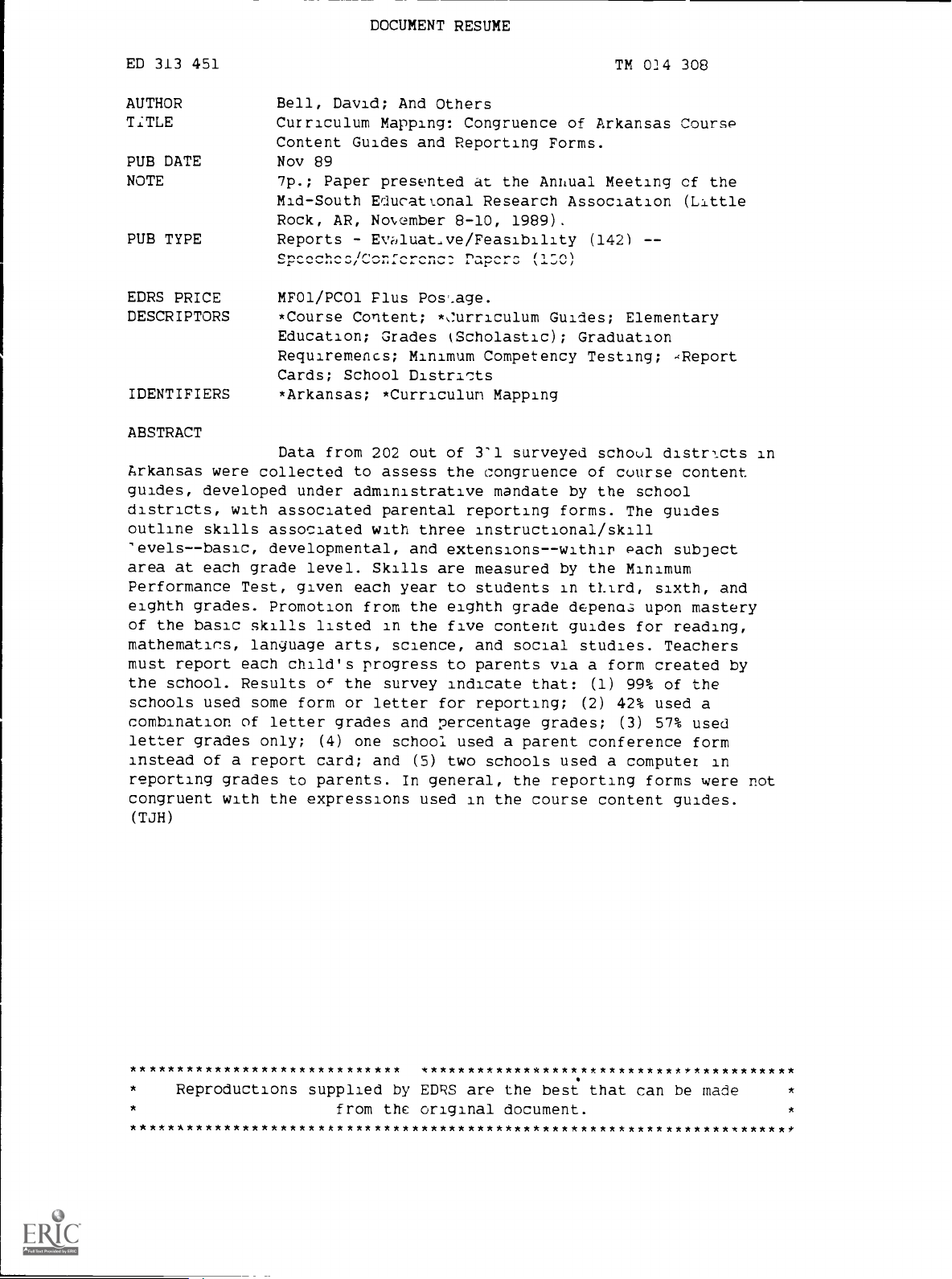 Curriculum Mapping: Congruence of Arkansas Course Content Guides and Reporting Forms.