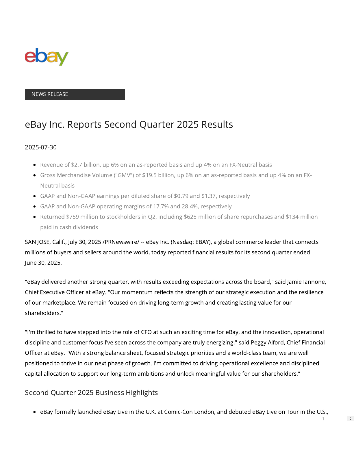 eBay Inc. Reports Second Quarter 2025 Results