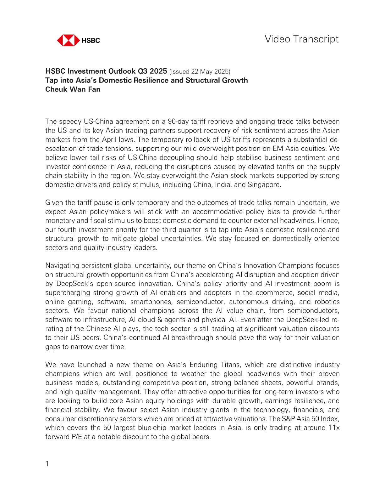 HSBC Investment Outlook Q3 2025: Tap into Asia’s Domestic Resilience and Structural Growth