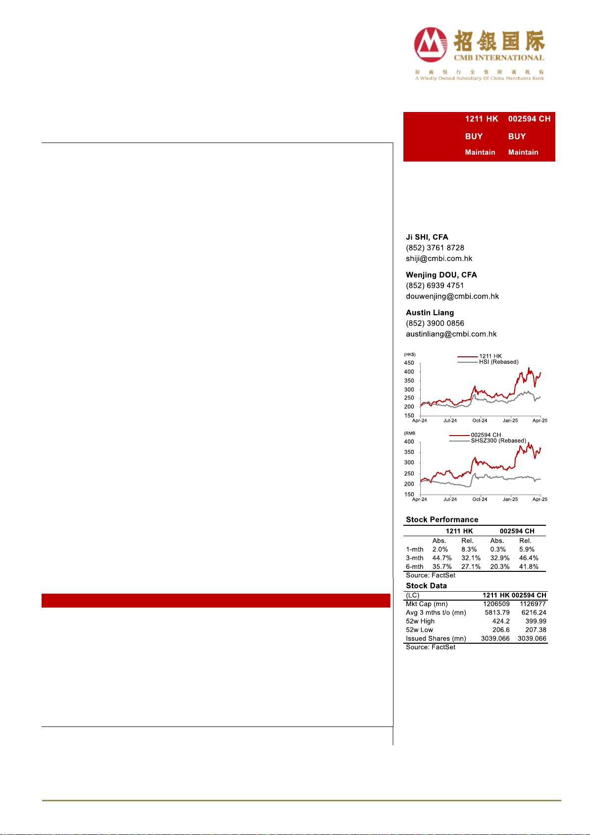 BYD (1211 HK/002594 CH) 1Q25 earnings on track