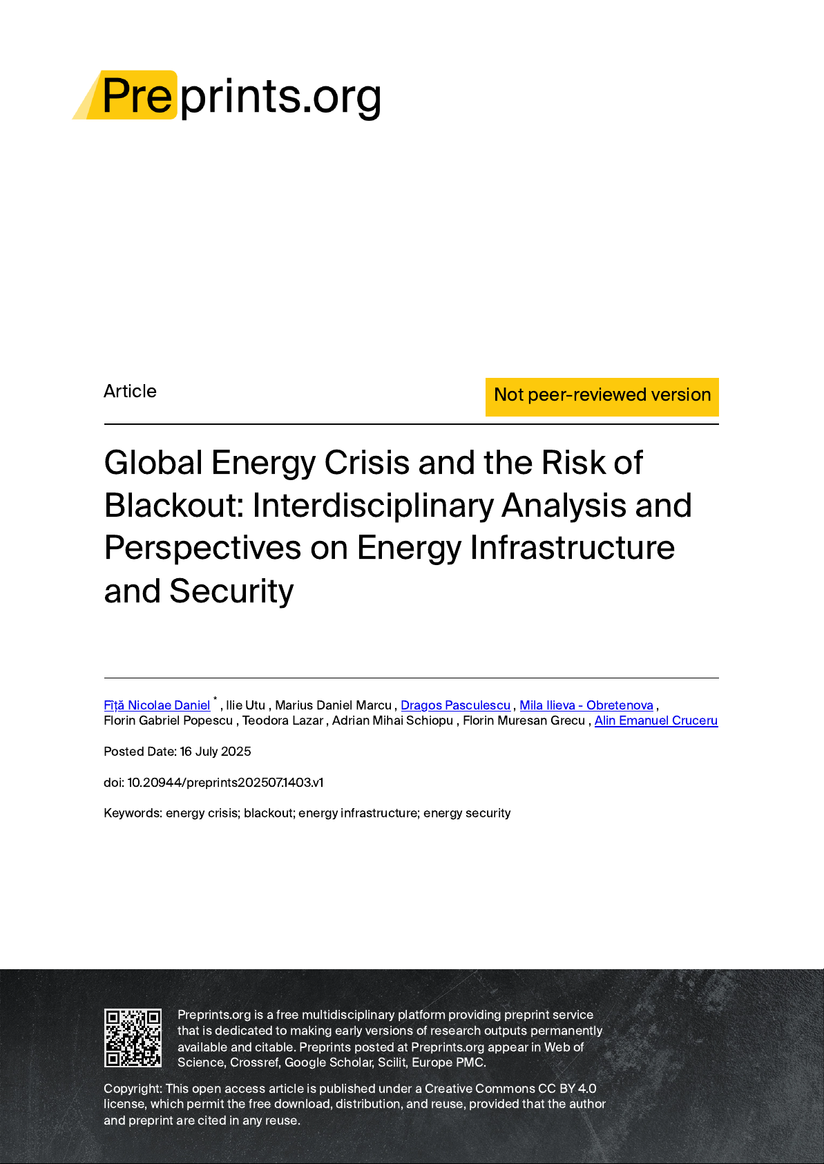 Global Energy Crisis and the Risk of Blackout: Interdisciplinary Analysis and Perspectives on Energy Infrastructure and Security