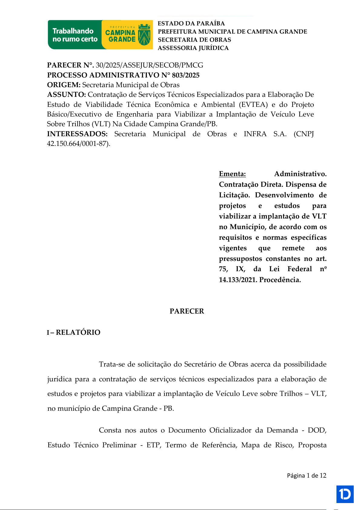 PARECER Nº 30/2025/ASSEJUR/SECOb/PMCG