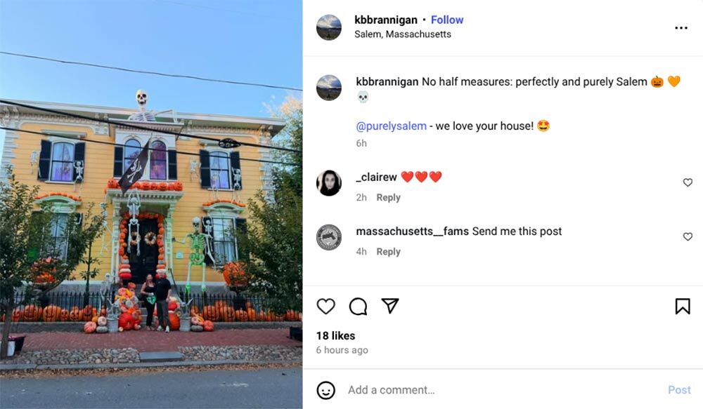 An Instagram post showing the outside of a yellow house decorated many pumpkins and skeletons