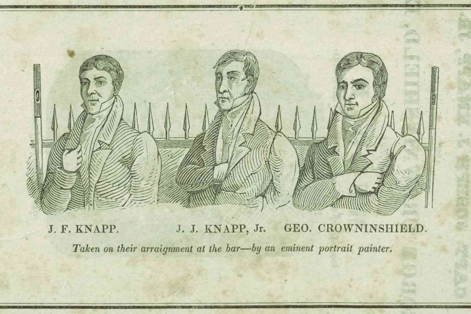 Woodcut print depicting Captain J. F. Knapp, Joseph J. Knapp, Jr. and George Crowninshield, Esq